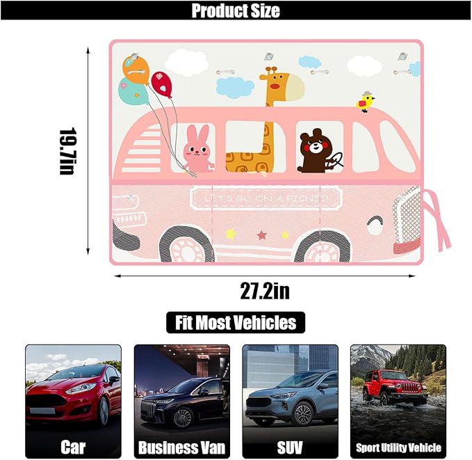 GLSOWEE Car Window Shade for Baby, Blackout Car Window Curtain, Giraffe | Storage Pockets & 7 Suction Cups, Cartoon Pattern Car Side Window Sun Shade Cover for Sun/Heat/UV Rays Protection, Pink - Image 2