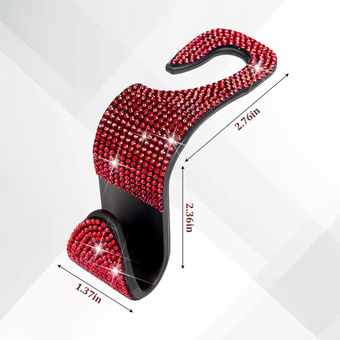 4PCS Bling Car Seat Headrest Hooks, Crystal Rhinestone Vehicle Back Seat Hanger Holder, Auto Interior Headrest Hanging Storage Organizer for Purse Handbag Coat, Universal Fit (Red) - Image 2