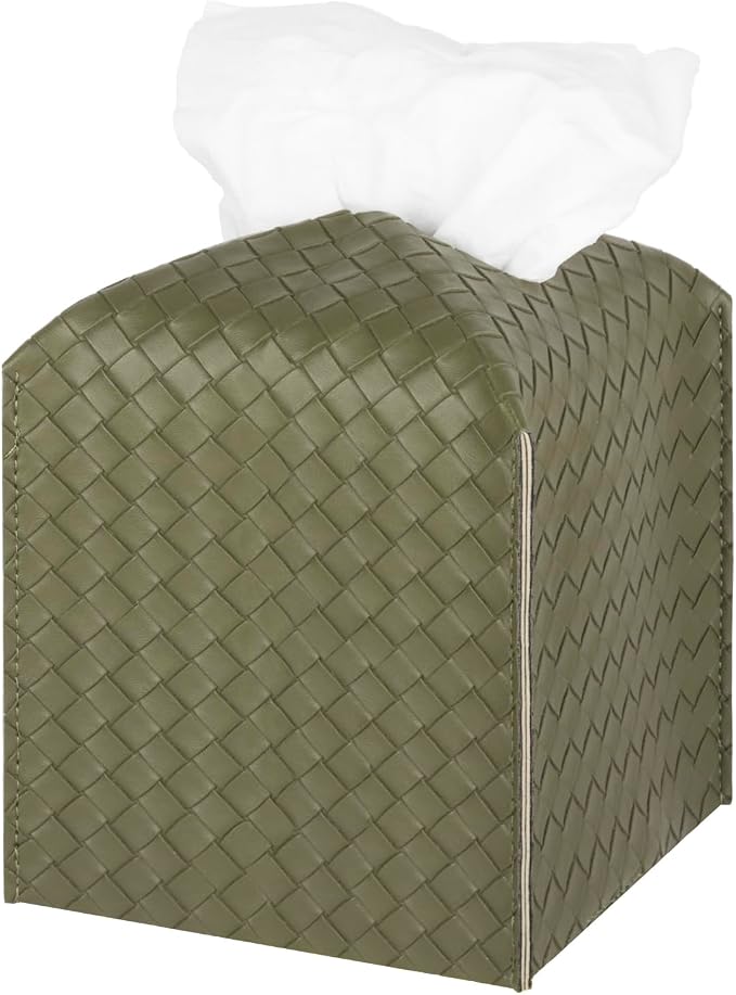 Tissue Box Cover Square Leather Facial Paper Holder, Olive Green | PU Leather，Easy to Fill, Easy Clean, Decorative Cube Tissue Box Holder for Office, Bathroom,Kitchen, Living room, Guest room by zoocatia