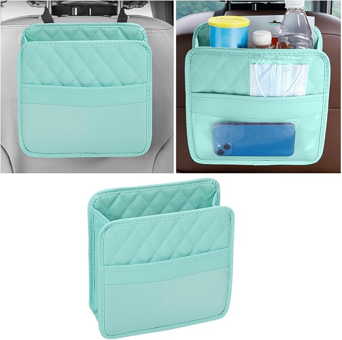 Mandark PU Leather Car Seat Back Organizer, Green | Three-pocket layout with clear panel, elastic strap installation, fits most cars, SUVs, and trucks, car interior accessories by Unknown