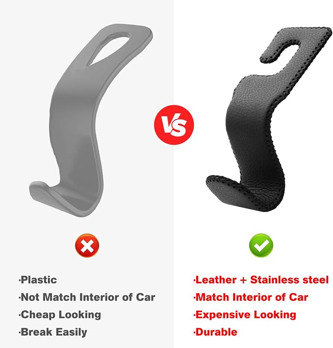 AMVOYOA U-Shaped Car Leather Hooks – Car Purse Holder, Headrest Hooks for Car, Back Seat Organizer - Elevate Your Travel Experience!(Black) - Image 5