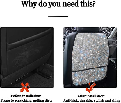 Bling Crystal Car Seat Back Kick Protectors with Storage, Sparkly Diamond Kick Mats, Universal Seat Protector for SUV and Automotive Crystal Auto Accessories for Women White 2pcs - Image 6