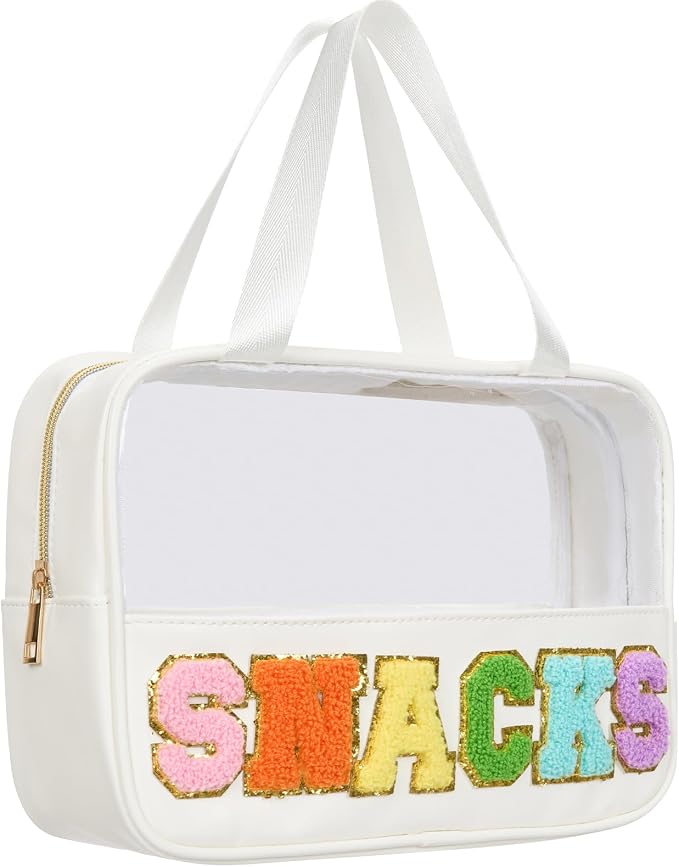 Snacks Bag Clear Chenille Varsity Letter Zipper Pouch Travel Makeup Bag Aesthetic Storage Organizer Pouches for Women with Glitter Patch Letters by Burskit%E2%80%94ShineYourBrightestSelf