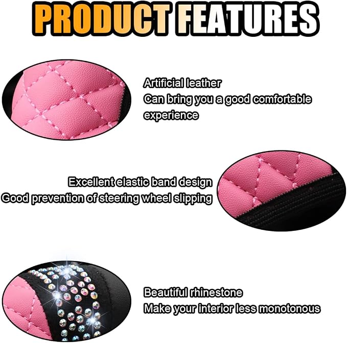 JOYCOURT 15 Inch Bling Soft Leather Car Steering Wheel Cover, Pink | Colorful Rhinestones Design, Auto Elastic Protector for Women Girls, Crystal Diamond Car Accessories for Most Cars, SUVs - Image 4