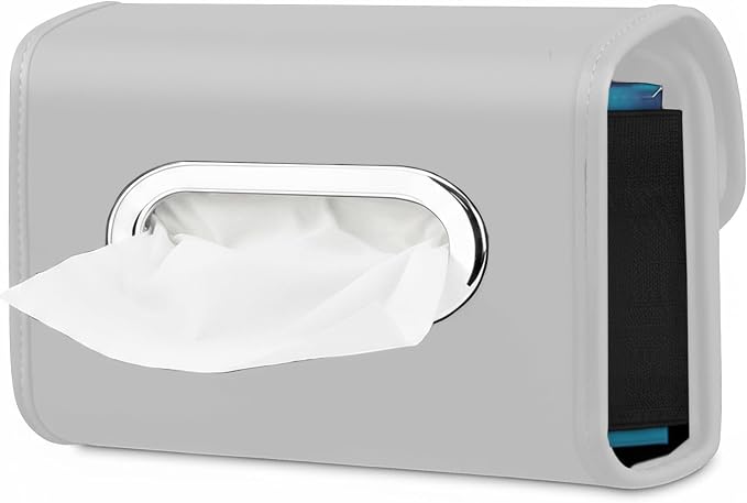 Lucrum Extra Large Car Tissue Holder - PU Leather Tissue Box Cover | Fits Regular Size Napkins Box - PU Leather Car Tissue Holder for Seat Back, Sun Visor & Console - Pearl Grey by Lucrum