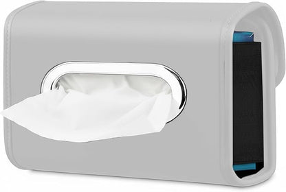 Lucrum Extra Large Car Tissue Holder - PU Leather Tissue Box Cover | Fits Regular Size Napkins Box - PU Leather Car Tissue Holder for Seat Back, Sun Visor & Console - Pearl Grey by Lucrum