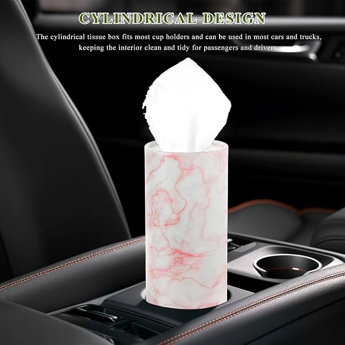 4 PCS Car Tissue Holder, Refillable Auto Cup Holder Round Napkin Container with Facial Tissues, Portable Tissue Box Paper Towel Cylinder for Most Vehicles, Car Accessories (Marble Pink) - Image 6