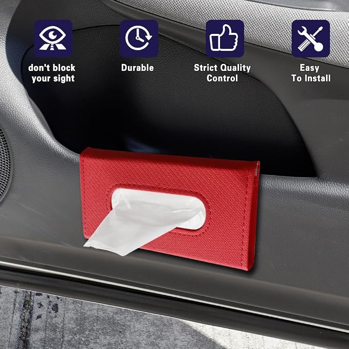 Car Visor Tissue Holder, Tissue Box Holder for Car, Leather Auto Sun Visor Napkin Case Mask Dispenser, Automotive Accessories Rectangular Hanging Auto Napkin Box Fit for Most Vehicles (Red) - Image 7