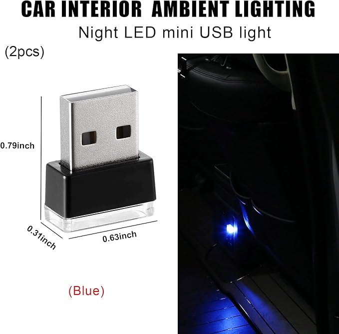 2 PCS USB LED Car Interior Atmosphere Lamp, Portable Mini LED Night Light, Plug-in USB Interface Trunk Ambient Lighting Kit, Universal Interior Car Accessories (Blue) - Image 2