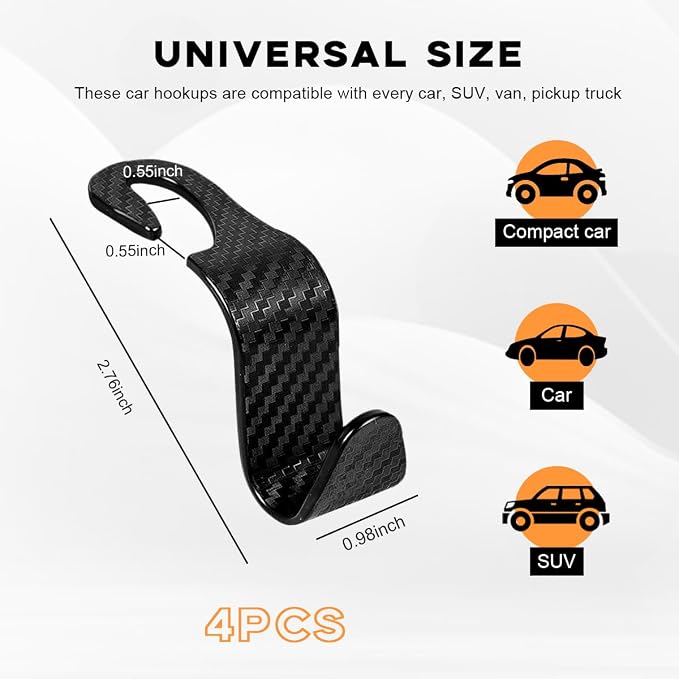 povtii 4PCS Car Seat Headrest Hook, Auto Back Seat Hanging Storage Organizer, Vehicle Seatback Hanger Holder for Purse Handbag Coat Umbrella, Universal Interior Car Accessories (Carbon Fibre Black) - Image 2