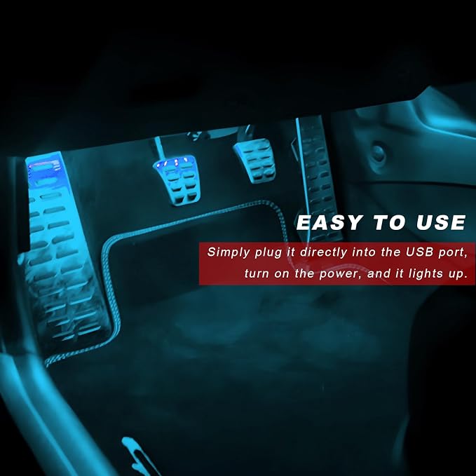 Car Interior LED Lights, 5V 3W Bright Ambient Light Vehicle Under Dash Neon Lamp with USB Port, 4 in 1 Atmosphere Lights Interior Decorative Lamps for Most Vehicles (Ice Blue) - Image 4