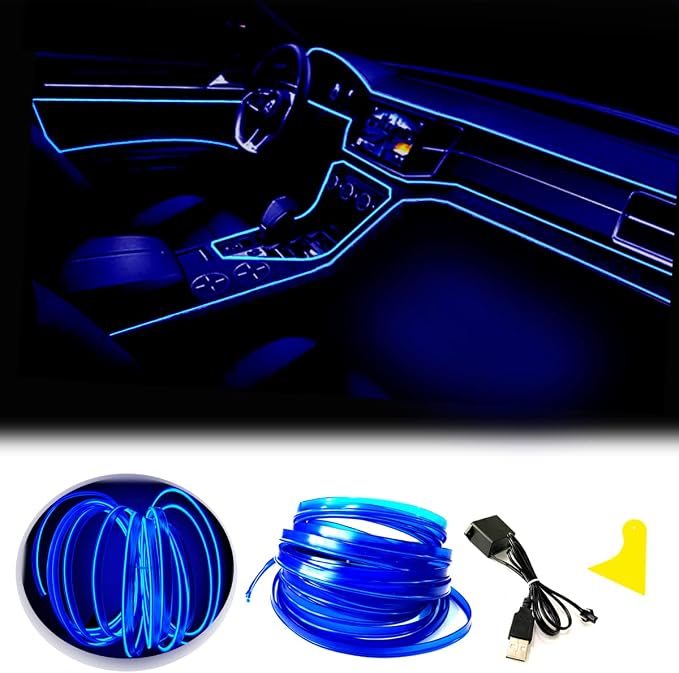 El Wire Blue Interior Car LED Strip Lights, 3M Neon Wire USB 5V with Fuse Protection for Automotive Interior Decoration, with 6mm Sewing Edge by Maxlaxer