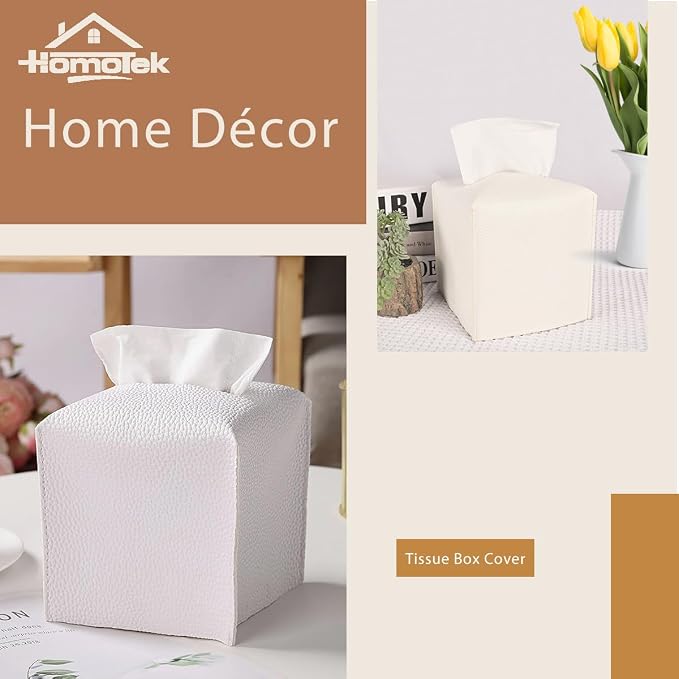 HOMOTEK 2 Pack Tissue Box Cover, Square PU Leather Tissue Holder, Decorative Facial Tissue Cube Paper Organizer Dispenser for Bathroom, Night Stands, Desk, Car 5X5X5'' - White, Pebble Grain - Image 6