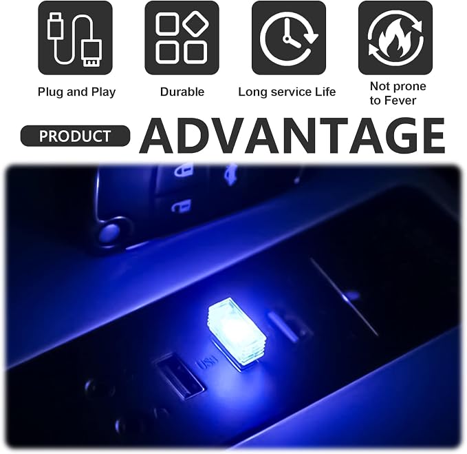 4 PCS USB LED Car Interior Ambient Lighting Kit, Portable Plug-in Atmosphere Lamp Decor Night Light, Universal Vehicle Interior Accessories for Most Cars (Blue) - Image 7