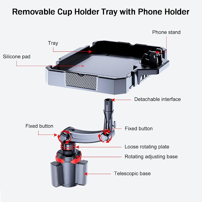 360° Rotating Car Cup Holder Tray 9-11 Inch Expandable Table w Phone Holder | Portable Car Snack Tray , Great for Coffee, Burgers & Snacks, Must-Have Road Trip Essential for Travel - Image 3