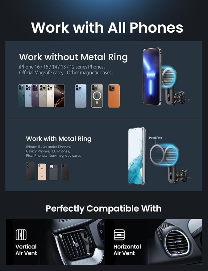 LISEN for Magsafe Car Mount, Strong Magnets Magnetic Phone Holders for Your Car, 360 Degree Adjustable Air Vent Hands Free Car Phone Holder Fit for iPhone 17-12 & All Smartphones, Blue | Upgraded Strongest Magnet Power, Metal Hook Clip, 360 Rotation, M... - Image 7