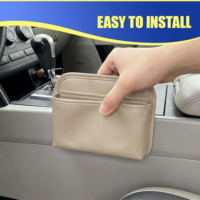 Car Seat Side Storage Bag, PU Leather Automotive Console Seat Gap Filler Organizer, Multifunctional Mini Vehicle Door Side Pouch for Phones, Keys, Wallets, Sunglasses (Beige) - Image 4