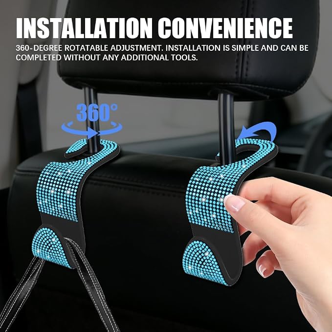 4PCS Bling Car Seat Headrest Hooks, Purse Holder for Car, Vehicle Back Seat Purse Handbag Hanging Holder with Crystal Rhinestone, Diamond Car Rear Seat Organizer for Vehicles (Lake Blue/Black) - Image 4