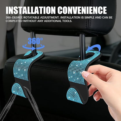 4PCS Bling Car Seat Headrest Hooks, Purse Holder for Car, Vehicle Back Seat Purse Handbag Hanging Holder with Crystal Rhinestone, Diamond Car Rear Seat Organizer for Vehicles (Lake Blue/Black) - Image 4