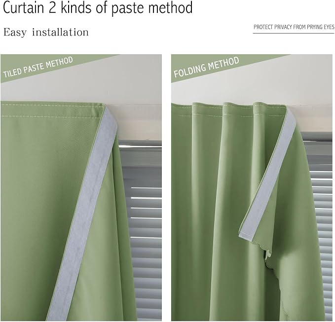 Magic Tape Blackout Curtains for Bedroom No Drillng Self Adhesive Curtains No Rod Small Window, 59" W X 59" L, Sage Green, 1 Panel - Image 6