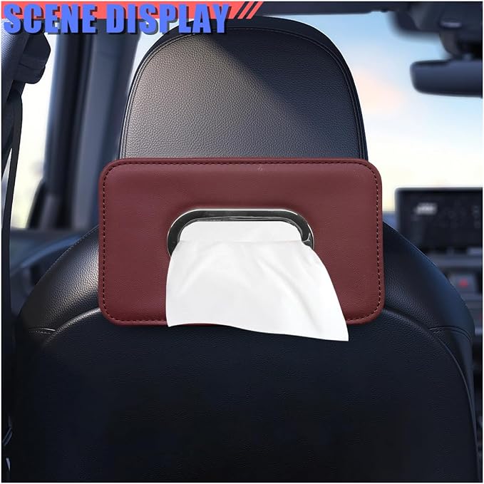 Craedli Car Tissue Holder, Leather Backseat Tissues Box Cover Rectangular Car Napkin Holder for 100-150 Tissues Organizer, Large Napkin Case Auto Headrest Hanging Mask Dispenser for SUV Sedan (Red) - Image 3