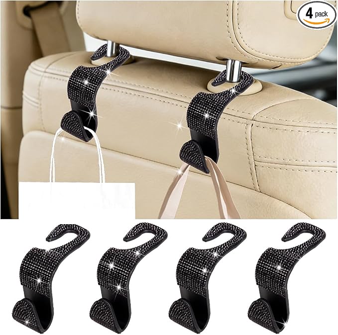 4PCS Bling Car Seat Headrest Hook, Crystal Rhinestone Backseat Hanger Organizer for Purse Handbag Umbrella, Shiny Auto Interior Seat Back Storage Holder Hook, Universal Fit (Black) by Unknown