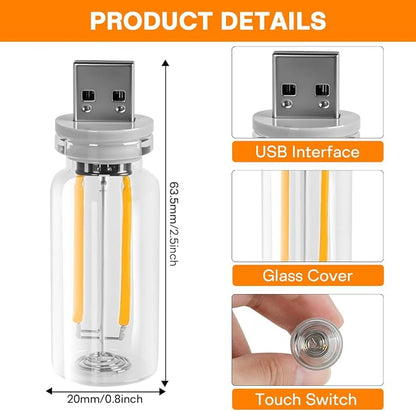 2 PCS USB LED Lights for Car Interior, Touch Dimmable Ambient Lighting, Mini Retro Glass Bottle Night Light Bulb for Vehicle, Bedroom, Camping(Warm White) - Image 6
