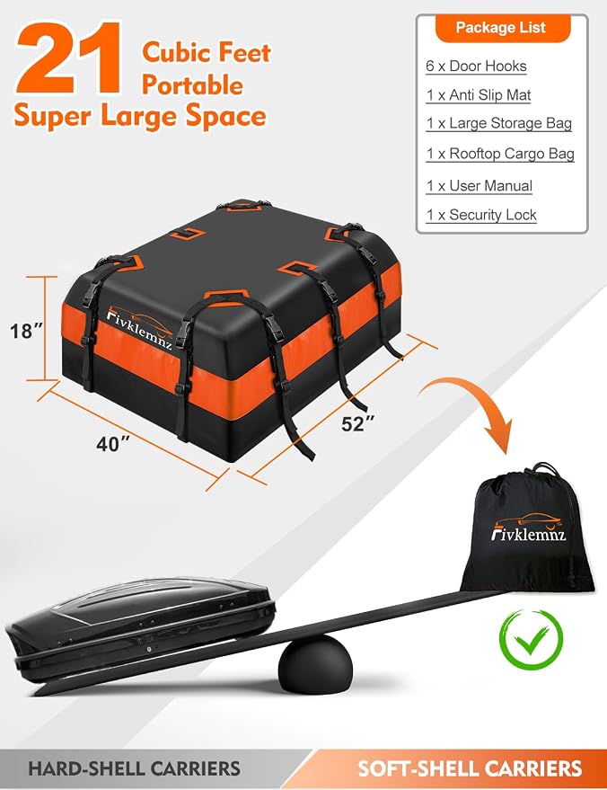 21 Cubic Rooftop Cargo Carrier Waterproof Soft Car Roof Bag | for All Top of Vehicle with/Without Rack Includes Topper Anti-Slip Mat + Reinforced Straps + 6 Door Hooks + Luggage Lock - Image 5