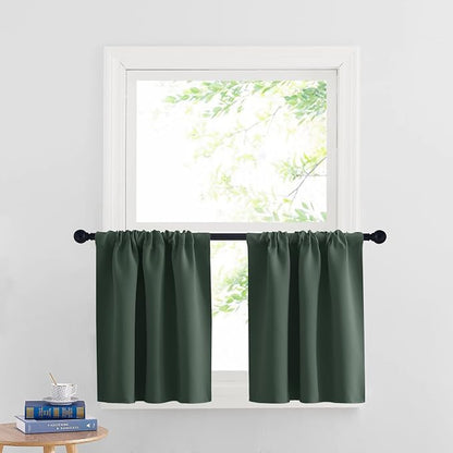 RYB HOME Cafe Blackout Curtains 24 inch Length for RV Camper Kitchen Window | Temperature Regulating, Light UV Blocking, Privacy Protection, Short Small Half Window Tiers, W42 x L24, Dark Green, 2 Panels by RYBHOME