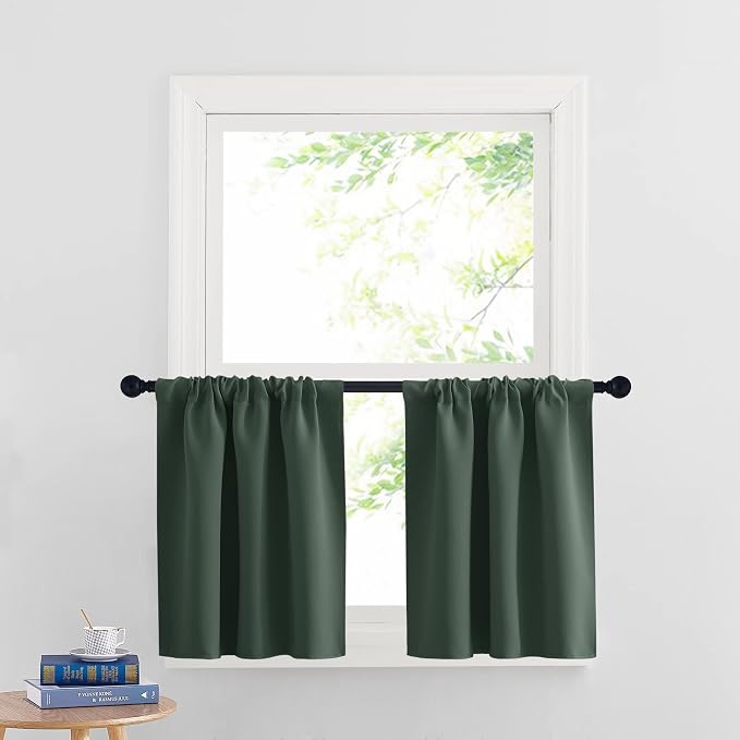 RYB HOME Cafe Blackout Curtains 24 inch Length, RV Camper Window Curtains | Short Small Half Window Tiers,Privacy,Thermal Insulated,Light UV Heat Blocking,Rod Pocket,W29 x L24,Dark Green,2 Panels by RYBHOME