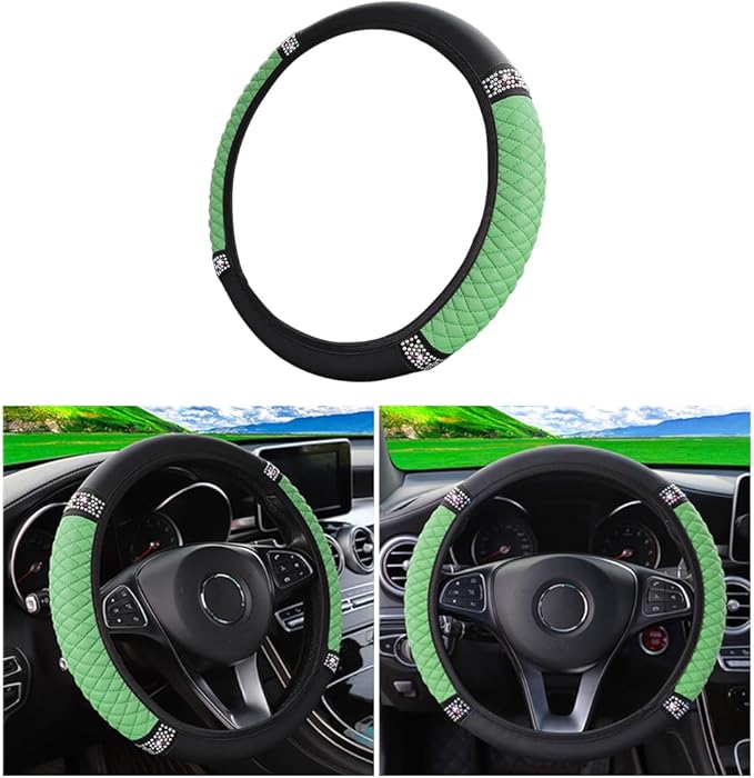 Osilly 15 Inch Rhinestone Leather Steering Wheel Cover, Green | breathable non-slip surface, flexible ringless design, hand-stretch setup, fits matching rim sizes, automotive accessories by Osilly