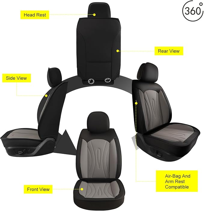 Front Seat Covers for Toyota Corolla Cross 2022-2026 2027 Faux Leather | Waterproof Breathable Scratch Resistant 360° Wrap Airbag Compatible Easy Clean（2 Seats,Black & Grey) - Image 7
