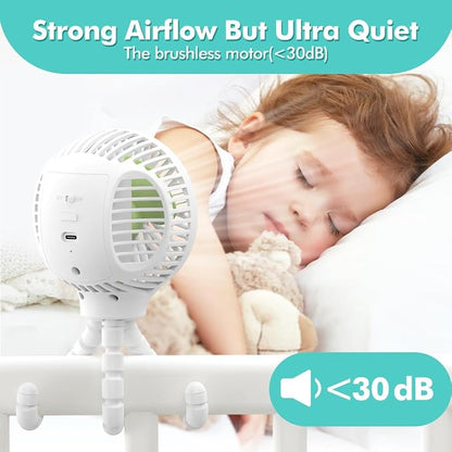 Portable Stroller Fan, USB or Rechargeable Battery Operated with 3 Speeds and 360°Rotate, Cooling Clip On for Baby Crib Travel Car Seat White - Image 6