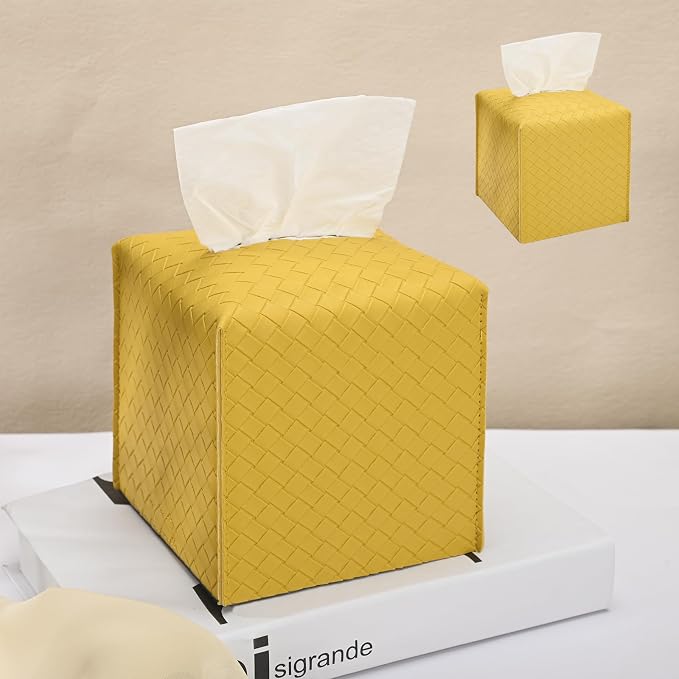 HOMOTEK 2 Pack Tissue Box Cover, Square PU Leather Tissue Holder, Decorative Facial Tissue Cube Paper Organizer Dispenser for Bathroom, Night Stands, Desk, Car 5X5X5'' - Woven Waffle,Mango Yellow by HOMOTEK