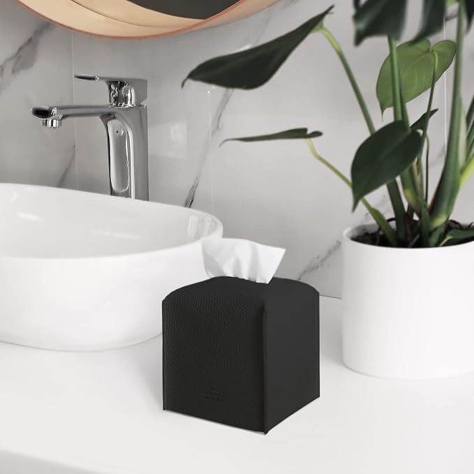 carrotez Tissue Box Cover, [Refined] Modern PU Leather Square Tissue Box Holder - Decorative Holder/Organizer for Bathroom Vanity Countertop, Night Stands, Office Desk & Car 5X5X5 - Black - Image 8