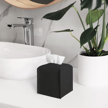 carrotez Tissue Box Cover, [Refined] Modern PU Leather Square Tissue Box Holder - Decorative Holder/Organizer for Bathroom Vanity Countertop, Night Stands, Office Desk & Car 5X5X5 - Black - Image 8