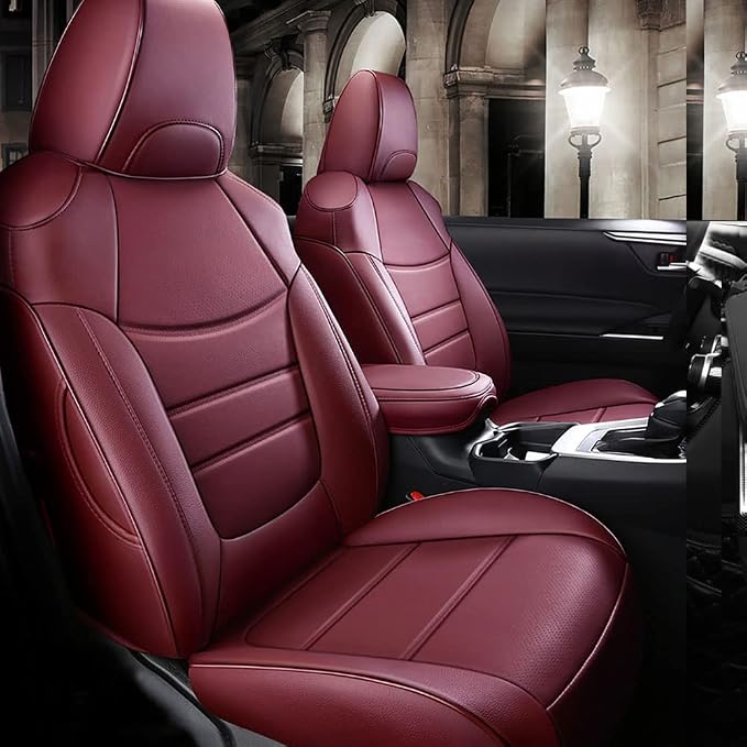 CocheFamilia Custom Fit RAV4 Car Seat Covers for Select Toyota RAV4 2019 2020 2021 2022 2023 2024 2025 LE,XLE,XLE Premium,Limited - Full Set,Leather(Burgundy) by CocheFamilia