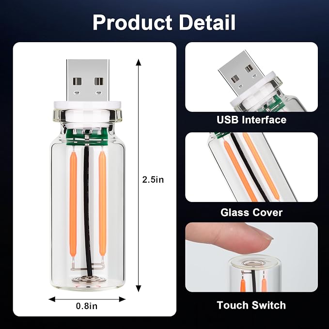 2 PCS Red USB Car LED Lights Interior, Touch Control Adjustable Brightness Plug-in Retro Portable Glass Bottle Ambient Night Lights for Car, Computers, Party, Holiday Decoration, Bedroom - Image 6