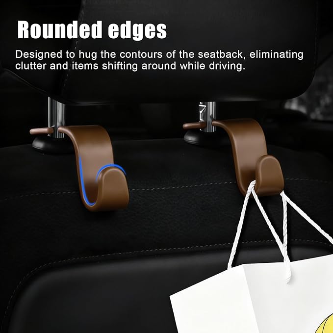 Purse Hook for Car, 4 PCS Car Purse Hook Headrest Hooks, 360° Rotatable Back Seat Storage Organizer, Universal Vehicle Seat Hanger for Purses, Handbags, Grocery Bags, Water Bottles, Brown - Image 6