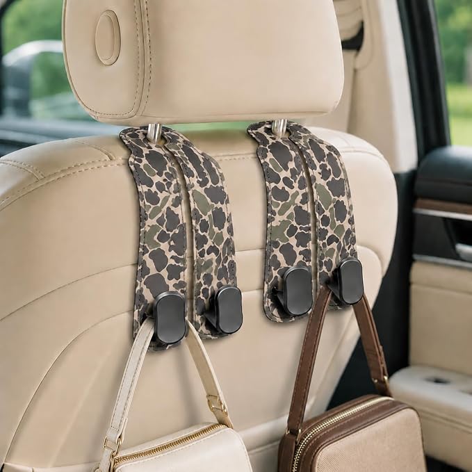Cute Camo Car Seat Back Storage Headrest Hooks for Purses & Bags – 2PCS PU Leather Dual Metal Hooks, Backseat Organizer Accessories - Image 5