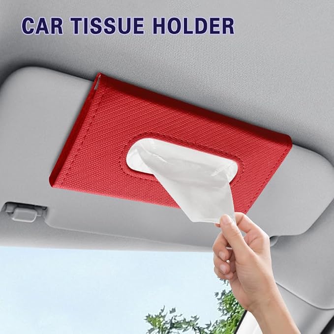 Car Visor Tissue Holder, Tissue Box Holder for Car, Leather Auto Sun Visor Napkin Case Mask Dispenser, Automotive Accessories Rectangular Hanging Auto Napkin Box Fit for Most Vehicles (Red) - Image 3