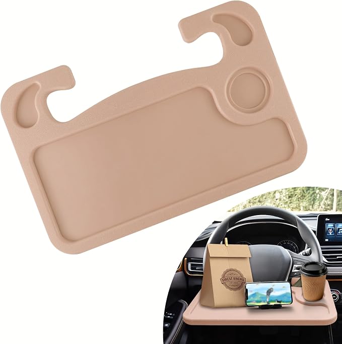 Car Steering Wheel Desk, Portable Car Tray, Durable Multi-Functional Travel Workstation with Cup Holder, Car Essentials Portable Laptop Tray & Eating Table for Most Vehicles Road Trip (Beige) by Unknown