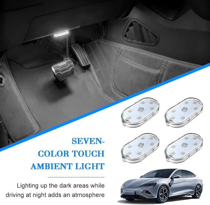 4PCS Car Interior Wireless Led Lights, 6 Bright LED Lamp Beads Magnetic Vehicle Ambient Light, Portable Touch USB Rechargeable Automotive Night Lighting Accessories, Universal Fit (White) - Image 6