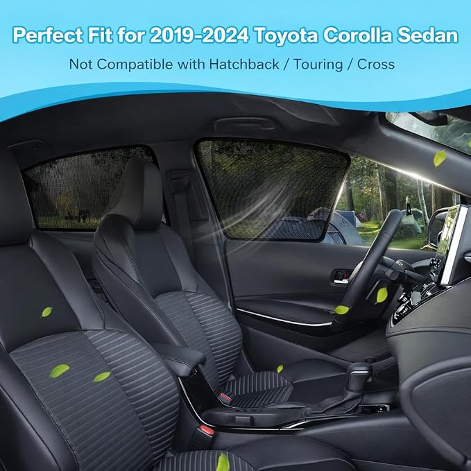 XCBYT 2019-2024 Corolla Sedan Window Shades, 4-Pack Privacy Cooling Mesh | Breathable & blocks heat for camping & baby sleeping.Front shades are partial for rearview mirror. Wait 24h for clips to set - Image 2