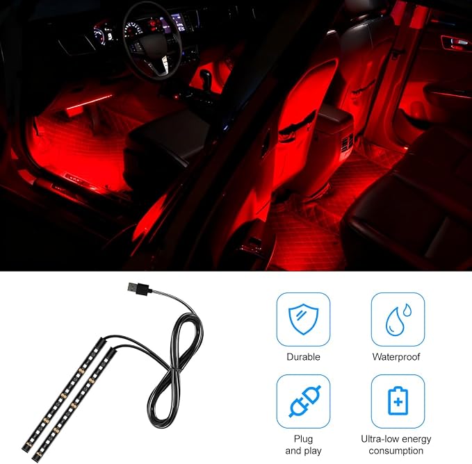 Car LED Strip Light, 12V 24 LED Vehicle Under Dash Neon Ambient Night Decor Lamp with USB Port, Automotive Interior Lighting Accessories, Universal for SUV Truck Sedan (Red) - Image 5