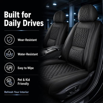Black Thick Nappa Leather 3D Contoured Automotive Car Seat Covers Full Set | Univerasal Fit,Lumbar Support,3D Contoured,Semi Coverage,Waterproof,ThickTexture,for most Suvs Trucks Sedans - Image 7