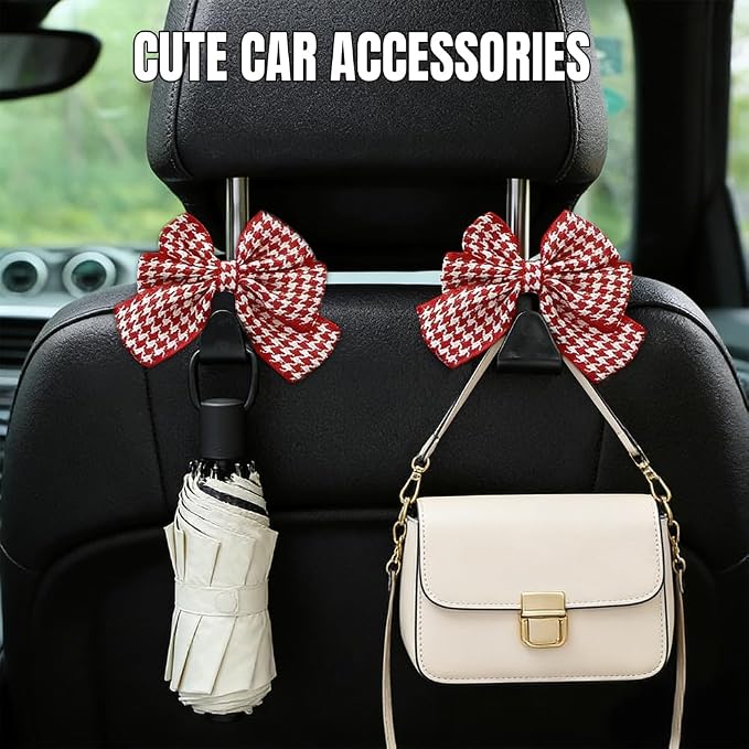 2PCS Car Seat Headrest Hooks, Car Purse Hook, Cute Bow Knot Vehicle Seatback Hanging Storage Organizer, Auto Seatback Decor Organizer Hanger for SUV Truck (Houndstooth/Red) - Image 3