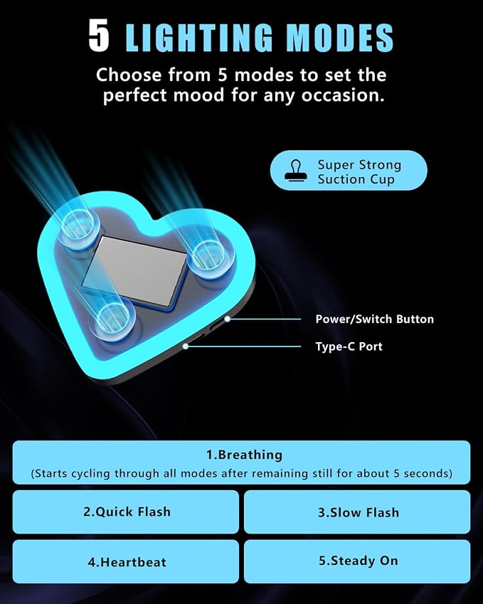 Car LED Ambient Light, Car Triangle Window Solar-Powered Heart Shaped Atmosphere Light with 5 Switchable Lighting Modes, Romantic Gift for Thanksgiving, Christmas, Date Night (Ice Blue, 2pcs) - Image 3