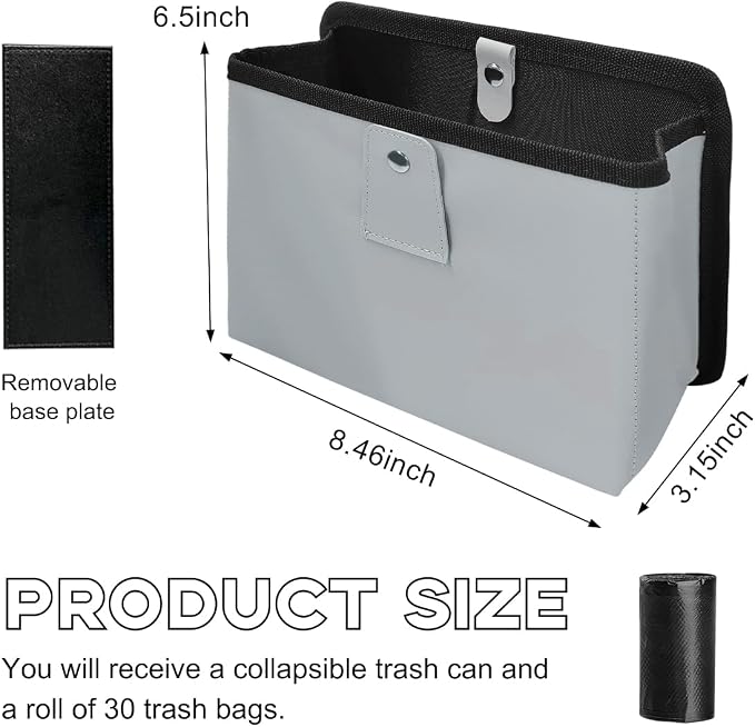 Yourkar Car Trash Can, Foldable Waterproof Leather Car Garbage Organizer Holder, Automotive Mini Dustbin Container with One Roll Trash Bag, Universal Interior Car Accessories (Gray, M) - Image 2