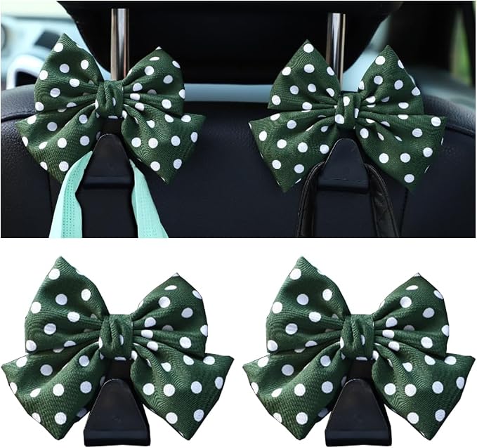 Mandark 2PCS Bow Car Headrest Hooks for Bags, Green/Polka Dot | PVC construction, clip-on installation keeps items off the floor, fits most cars, SUVs, and trucks, car interior accessories by Unknown